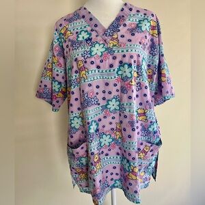 Disney Women's Medium Scrub Top Purple Flowers Winnie The Pooh